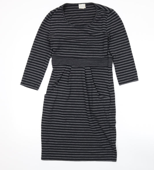 Additional front view of Kaliko women’s grey striped polyester a-line, size UK 8, round neck pullover