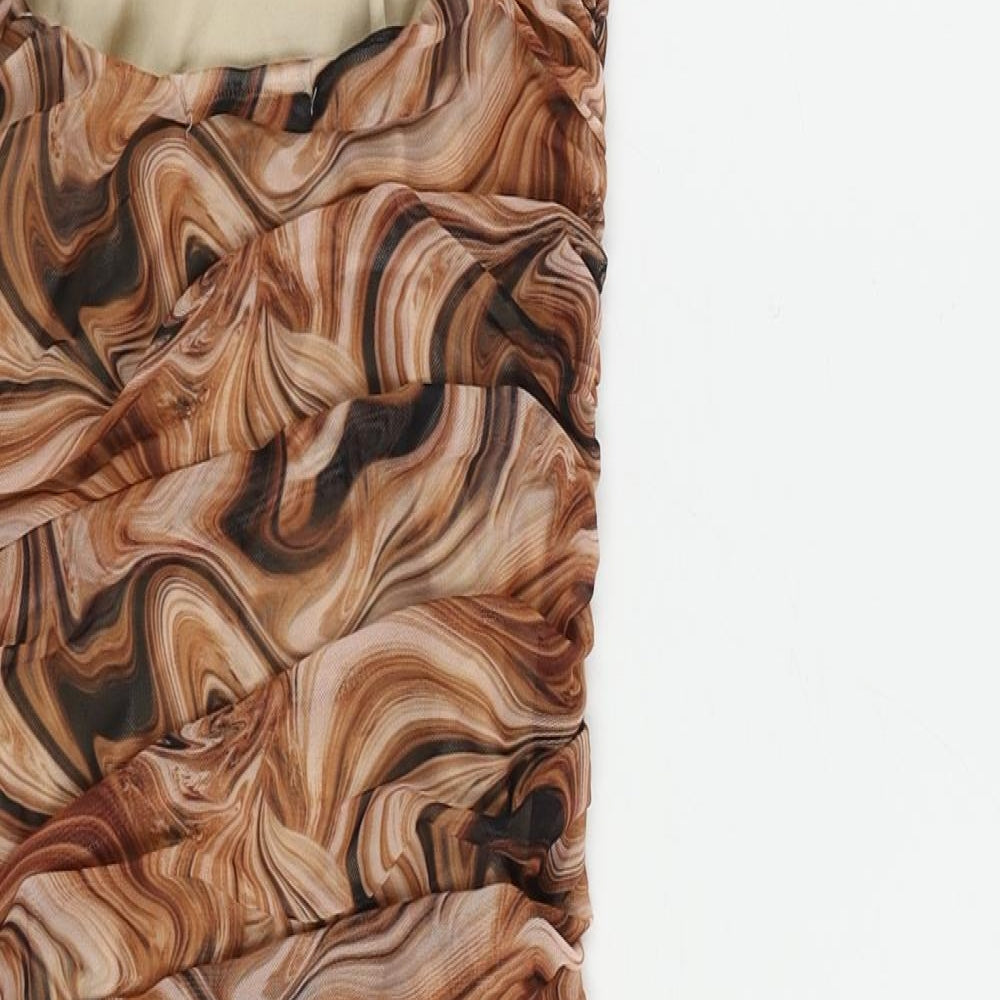 Quiz Womens Brown Geometric Polyester Bodycon Size 10 Square Neck - Ruched