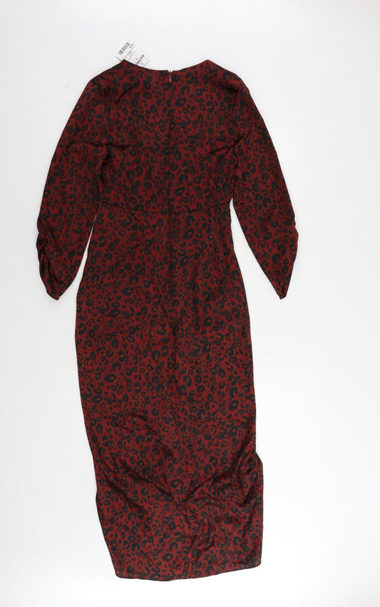 NEXT Womens Red Animal Print Polyester Sheath Size 6 V-Neck Zip - Ruched