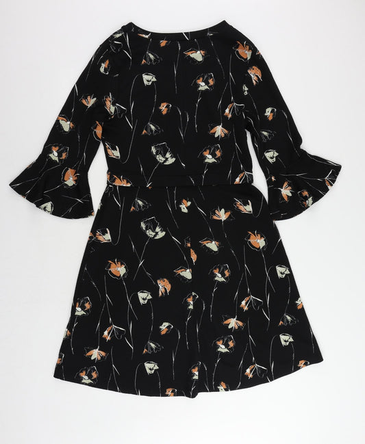 NEXT Womens Black Floral Polyester A-Line Size 10 Boat Neck Pullover