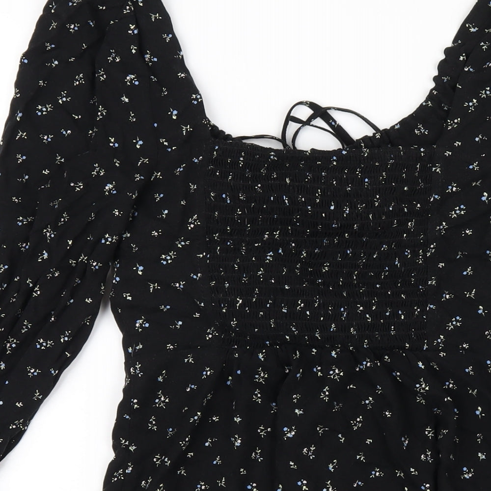 Urban Outfitters Womens Black Floral Viscose A-Line Size XS Square Neck Button