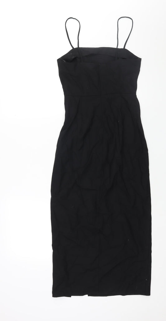 Zara Womens Black Polyester Slip Dress Size XS Square Neck Zip - Front Slit