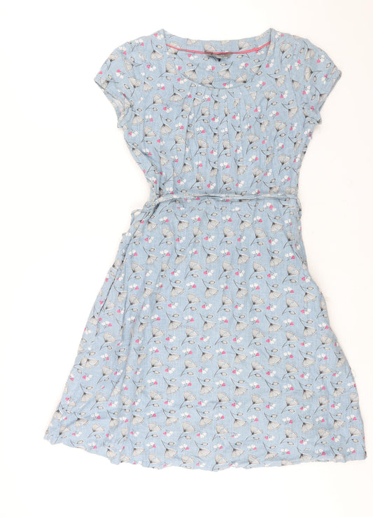 Lily & Me Womens Blue Geometric Linen A-Line Size 8 Round Neck Zip - Belted Floral Print