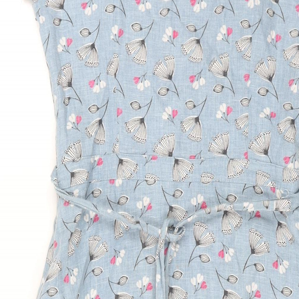 Lily & Me Womens Blue Geometric Linen A-Line Size 8 Round Neck Zip - Belted Floral Print