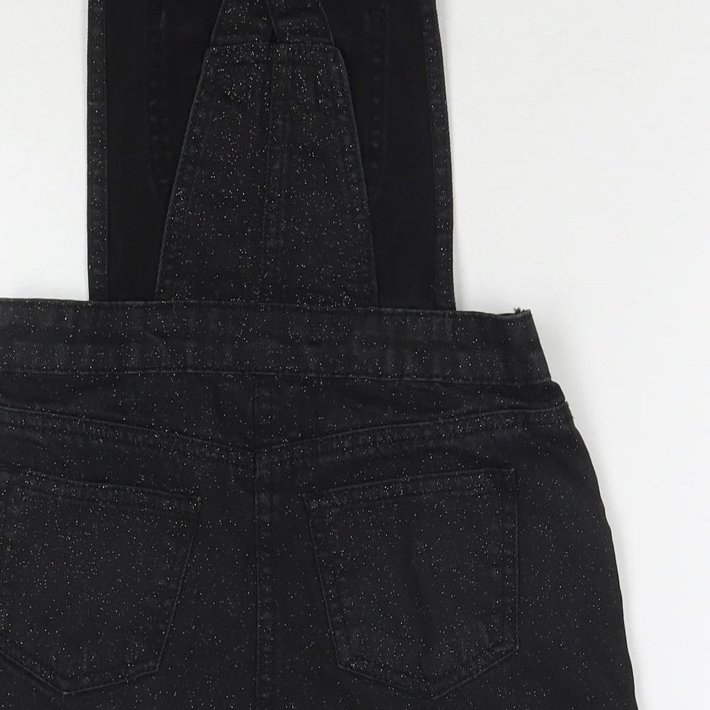 M&Co Girls Black Cotton Pinafore/Dungaree Dress Size 11 Years Square Neck Button - Glitter Detail
