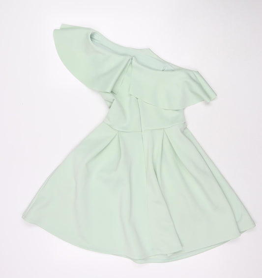 Miss Selfridge Womens Green Polyester Fit & Flare Size 8 One Shoulder Zip
