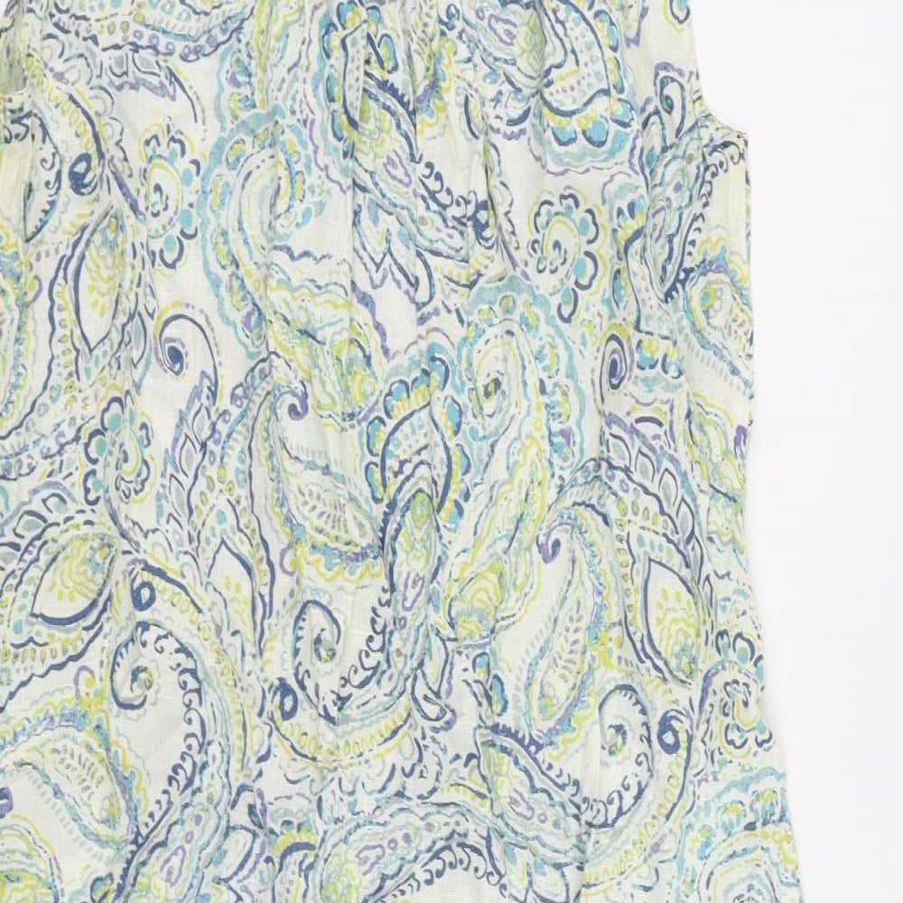 EAST Womens Ivory Paisley Linen A-Line Size 12 V-Neck Button