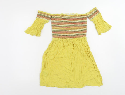 Brave Soul Womens Yellow Geometric Viscose Mini Size XS Off the Shoulder Pullover