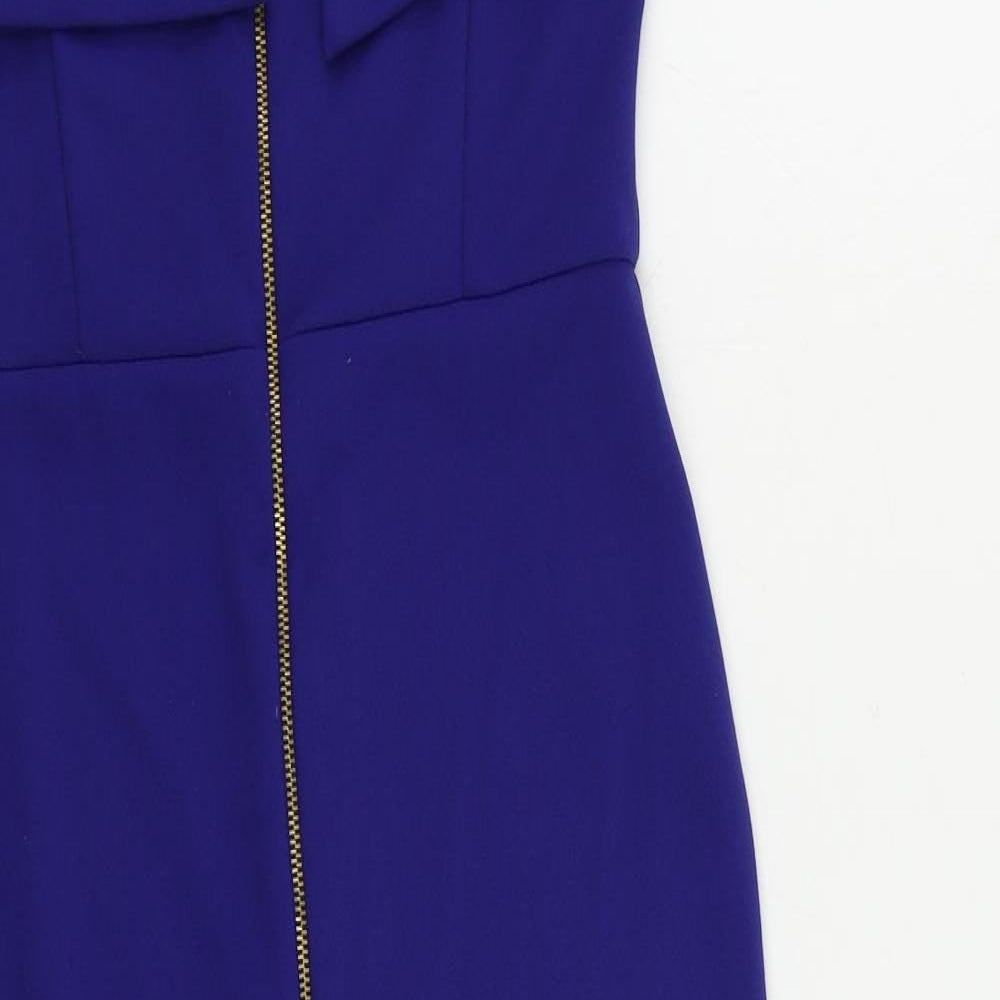 Brand and care label for ASOS women’s blue polyester bodycon, size UK 10, square neck zip