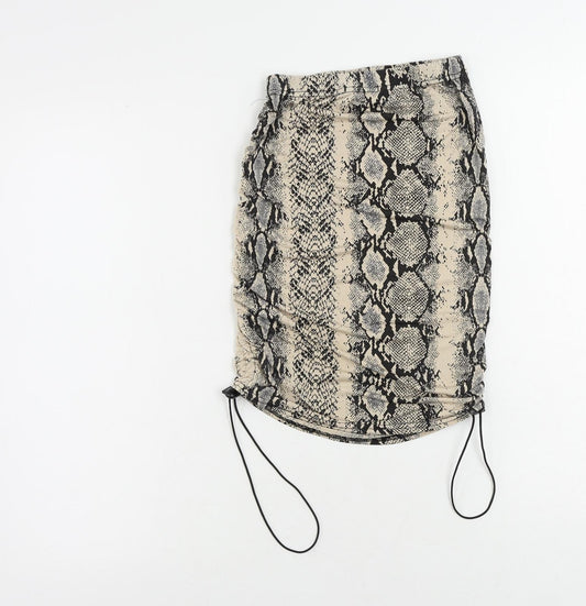 PRETTYLITTLETHING Womens Beige Animal Print Polyester Mini Skirt Size 6 - Ruched Sides