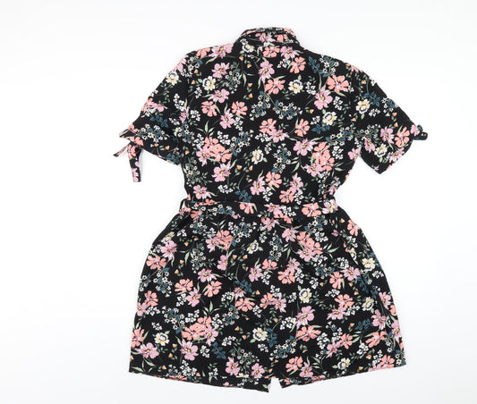 Miss Selfridge Womens Black Floral Polyester Shirt Dress Size 10 Collared Button