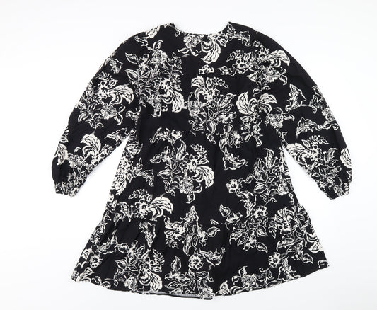 Marks and Spencer Womens Black Floral Cotton A-Line Size 10 Round Neck Button