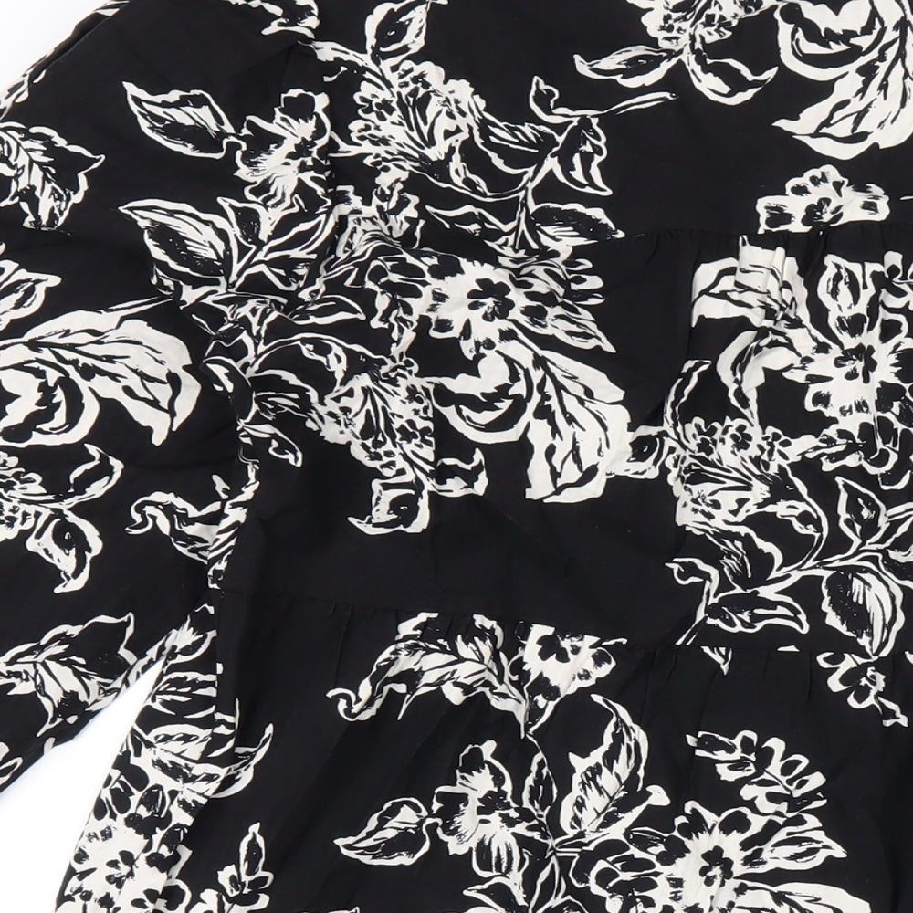 Marks and Spencer Womens Black Floral Cotton A-Line Size 10 Round Neck Button