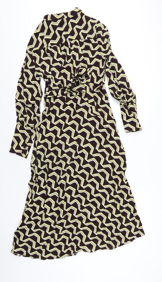 Marks and Spencer Womens Brown Geometric Viscose A-Line Size 8 Round Neck Zip