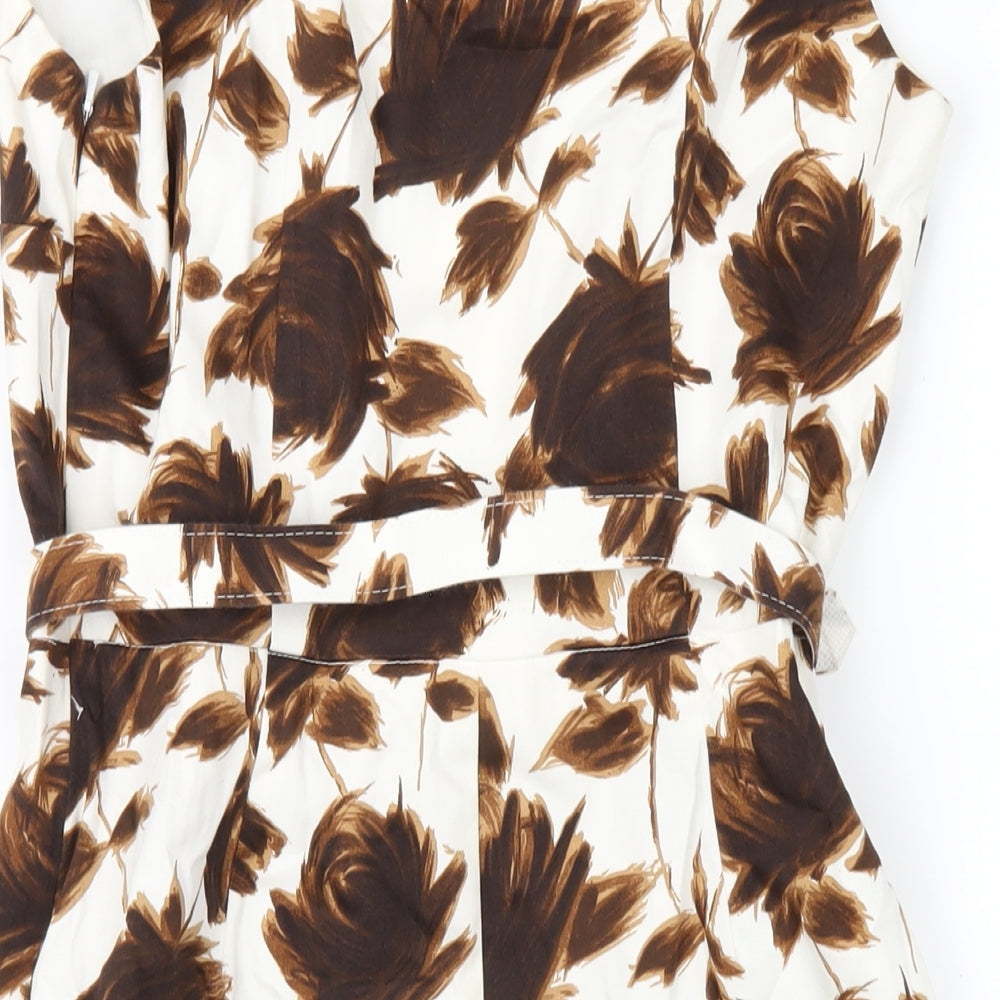 Phase Eight Womens Brown Floral Cotton Pencil Dress Size 10 V-Neck Zip