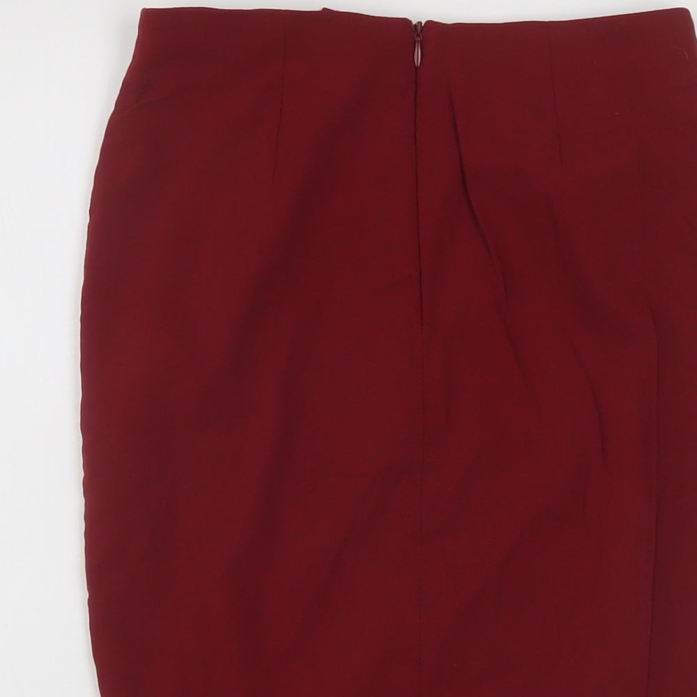 Brand and care label for ASOS women’s red viscose bandage skirt, size UK 4, zip