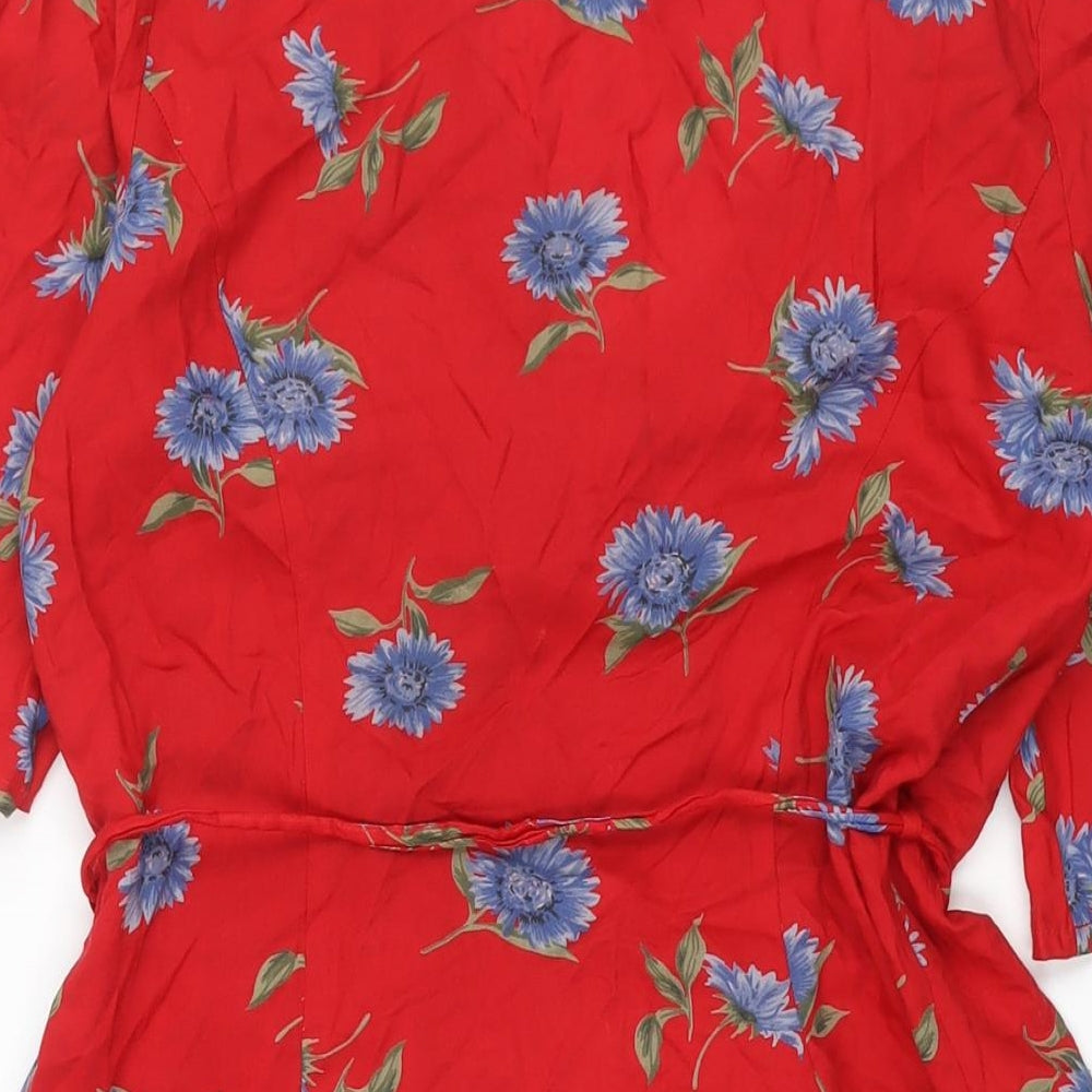 Brand and care label for ASOS women’s red floral viscose wrap dress, size UK 10, v-neck tie - belted