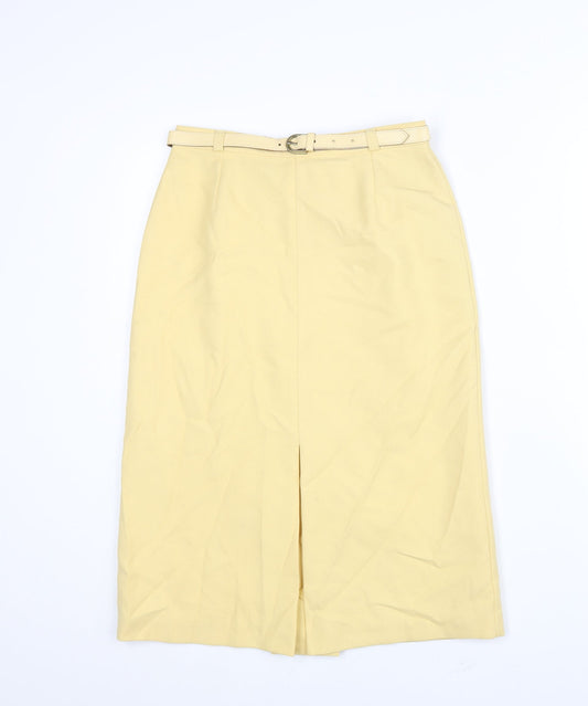 Additional front view of C&A women’s yellow polyester straight & pencil skirt, size UK 12, zip - belted button detail