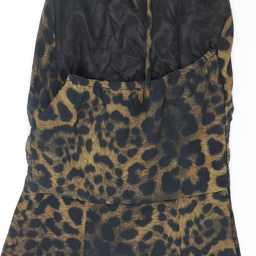 PRETTYLITTLETHING Womens Brown Animal Print Polyester Shift Size 6 Halter Zip - Frill Rouched Leopard Print