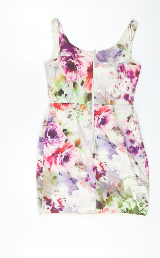 Oasis Womens Multicoloured Floral Cotton Shift Size 12 Scoop Neck Zip