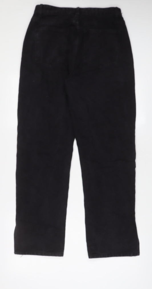 PRETTYLITTLETHING Womens Black Cotton Wide-Leg Jeans Size 12 L30 in Regular Zip