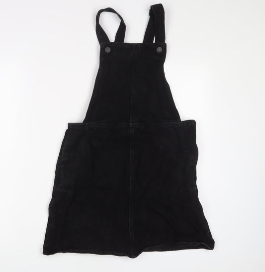 Monki Womens Black Cotton Pinafore/Dungaree Dress Size 10 Square Neck Zip