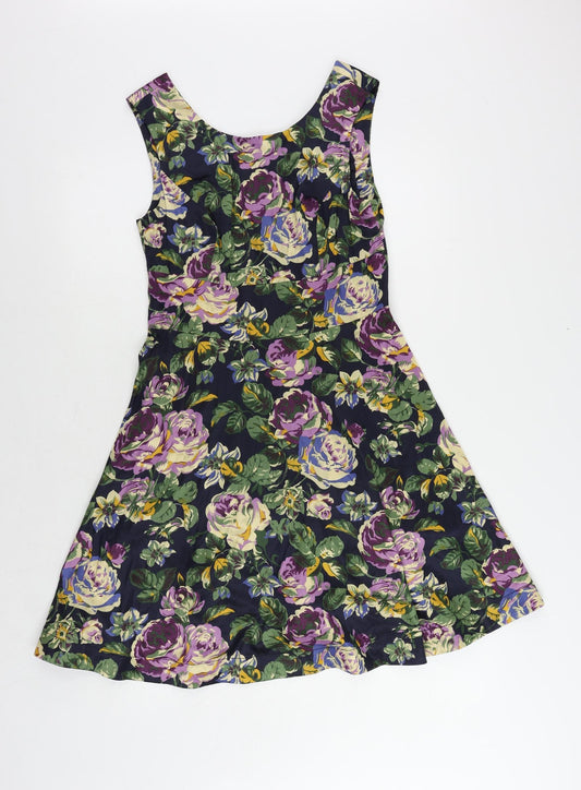 Additional front view of Red Herring women’s blue floral polyester fit & flare, size UK 10, boat neck zip
