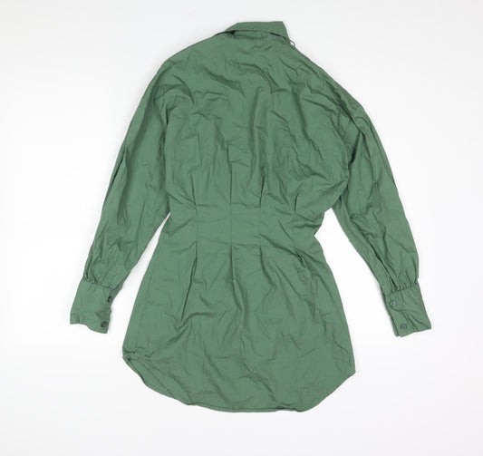 PRETTYLITTLETHING Womens Green Cotton Shirt Dress Size 8 Collared Button
