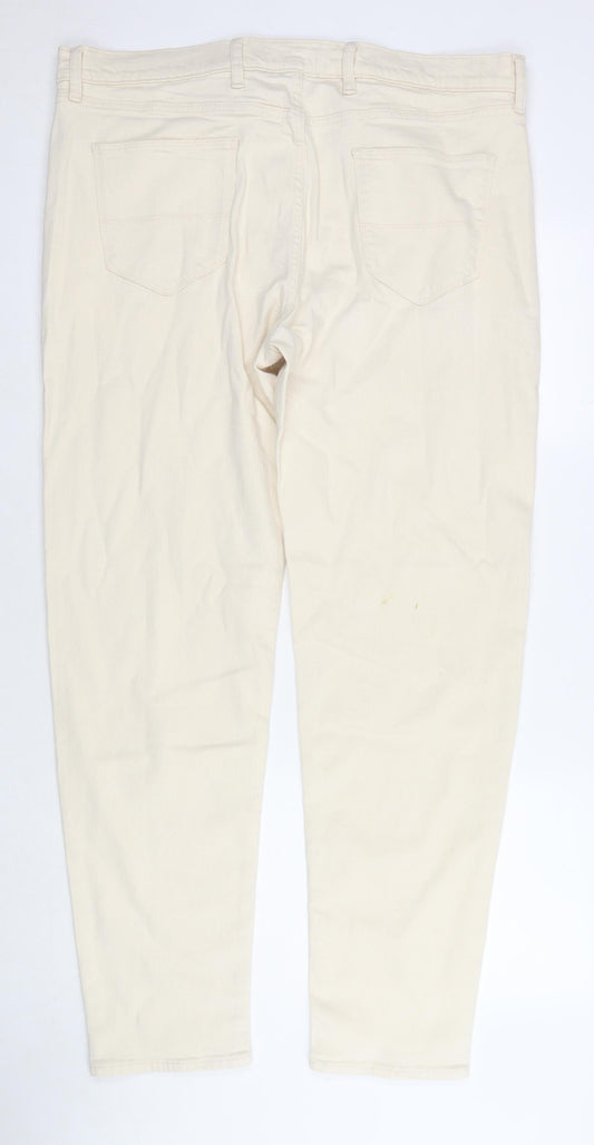 Marks and Spencer Mens Beige Cotton Tapered Jeans Size 38 in L33 in Regular Zip