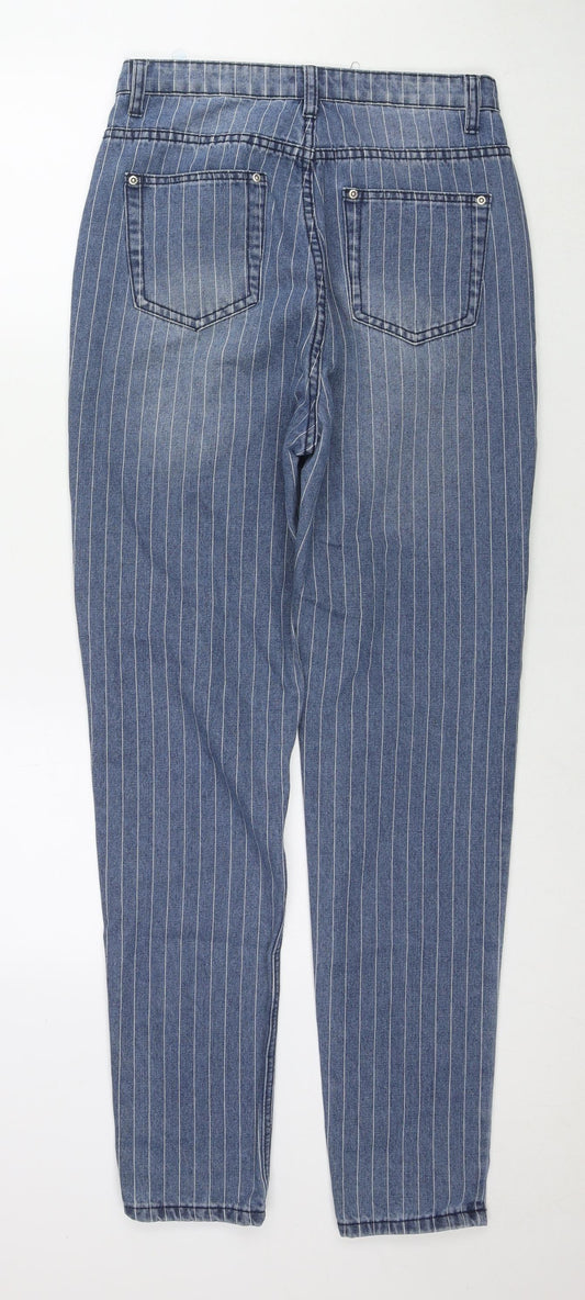 PRETTYLITTLETHING Womens Blue Striped Cotton Straight Jeans Size 8 L30 in Regular Zip