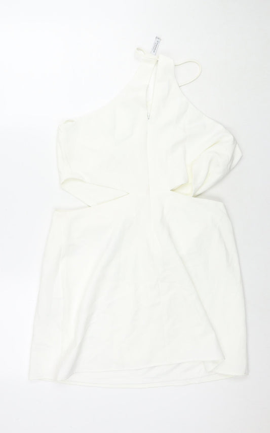 Stradivarius Womens White Polyester Mini Size L Round Neck Zip - Cut Out Detail