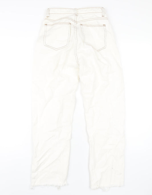 PRETTYLITTLETHING Womens Ivory Cotton Straight Jeans Size 4 L28 in Regular Zip