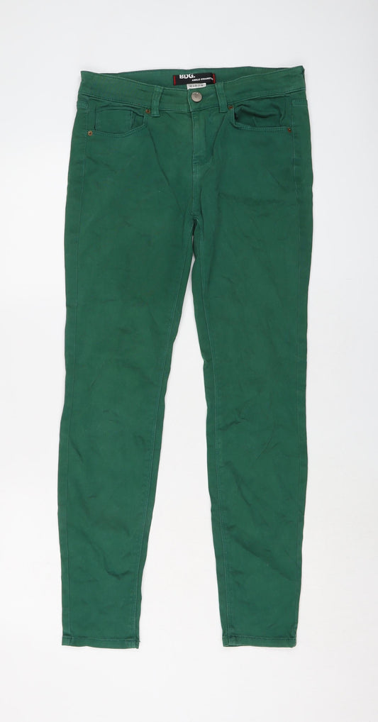 Additional front view of BDG women’s green cotton skinny jeans, size UK 30, in, 29-inch leg regular button