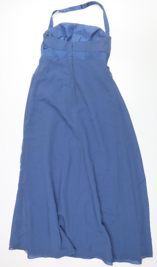 Alfred Angelo Womens Blue Polyester Ball Gown Size 14 Halter Zip - Belt Detail Rouched