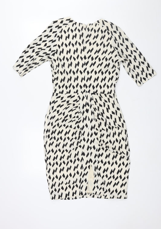 Country Road Womens Ivory Geometric Polyester Pencil Dress Size 6 Round Neck Zip - Vented Rouched