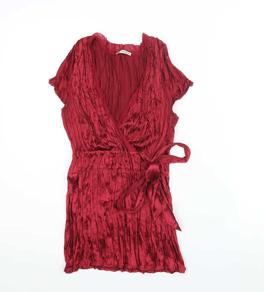 Additional front view of Autograph women’s red polyester basic blouse, size UK 14, v-neck - bow detail