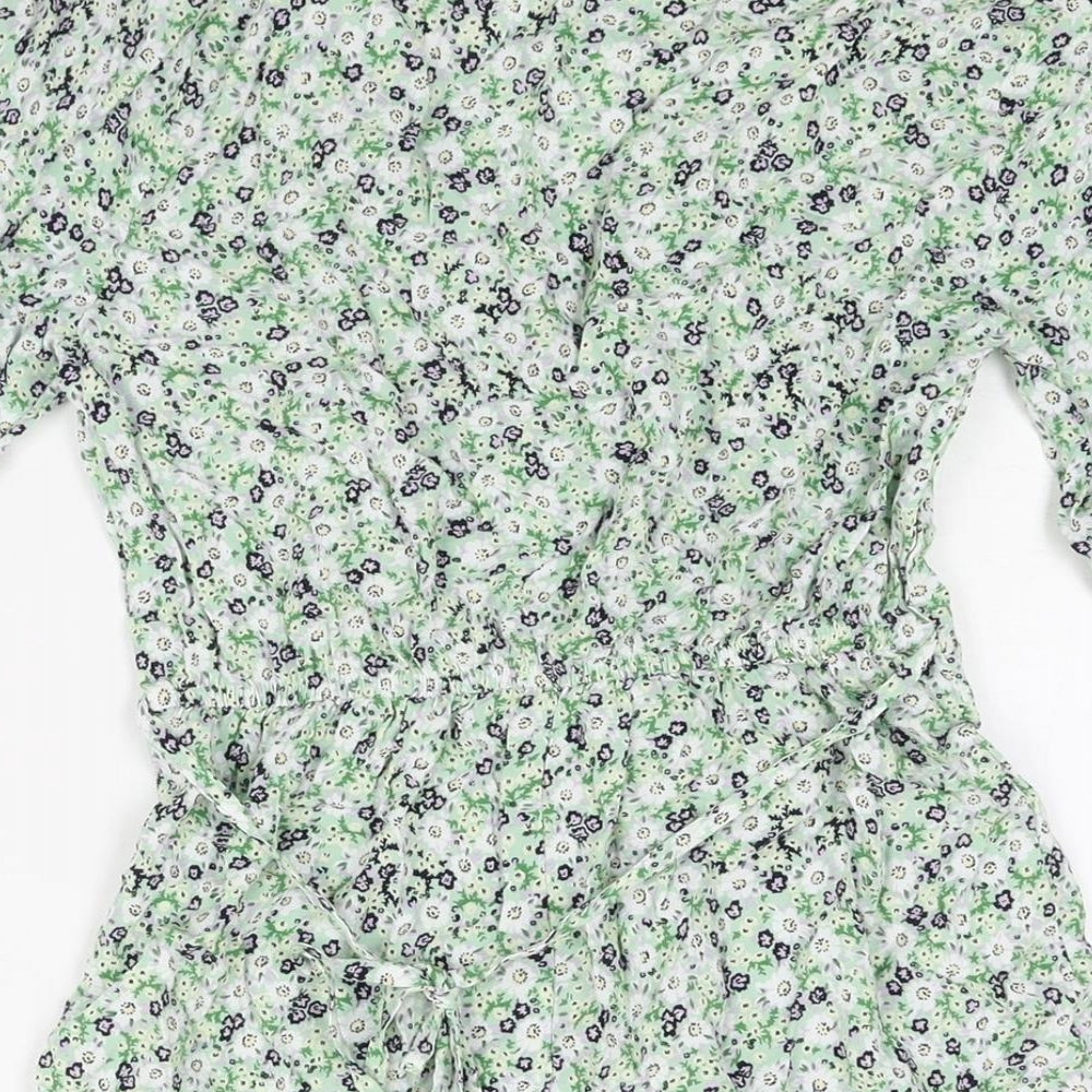 Miss Selfridge Womens Green Floral Viscose Mini Size 6 V-Neck Button - Belted
