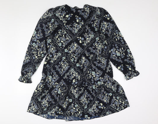 Marks and Spencer Womens Blue Geometric Polyester Shift Size 10 Round Neck Button - Floral Diamon Print Smocked