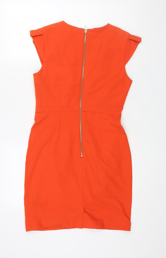 Miss Selfridge Womens Orange Polyester Shift Size 10 Round Neck Zip - Pleat Detail