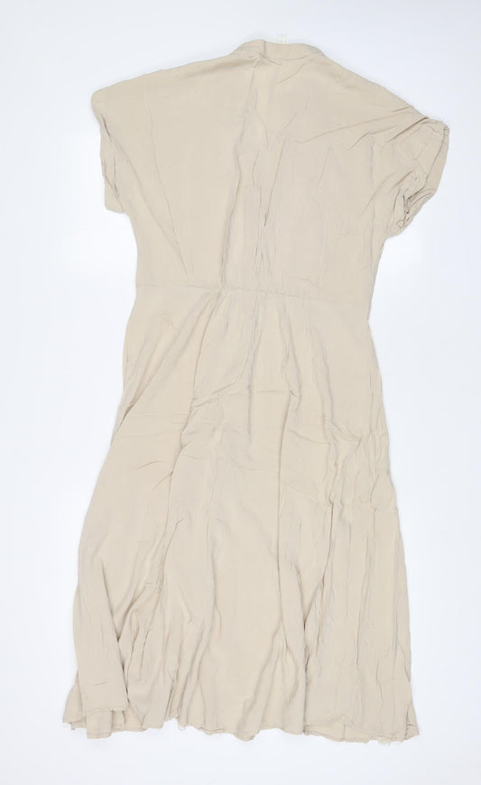 H&M Womens Beige Viscose A-Line Size S V-Neck Button