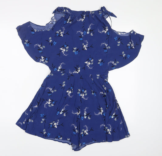 Miss Selfridge Womens Blue Flecked Viscose Playsuit One-Piece Size 10 Zip - Cold Shoudlers