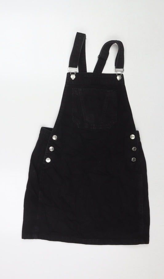 Additional front view of Papaya women’s black cotton pinafore/dungaree dress, size UK 8, square neck button