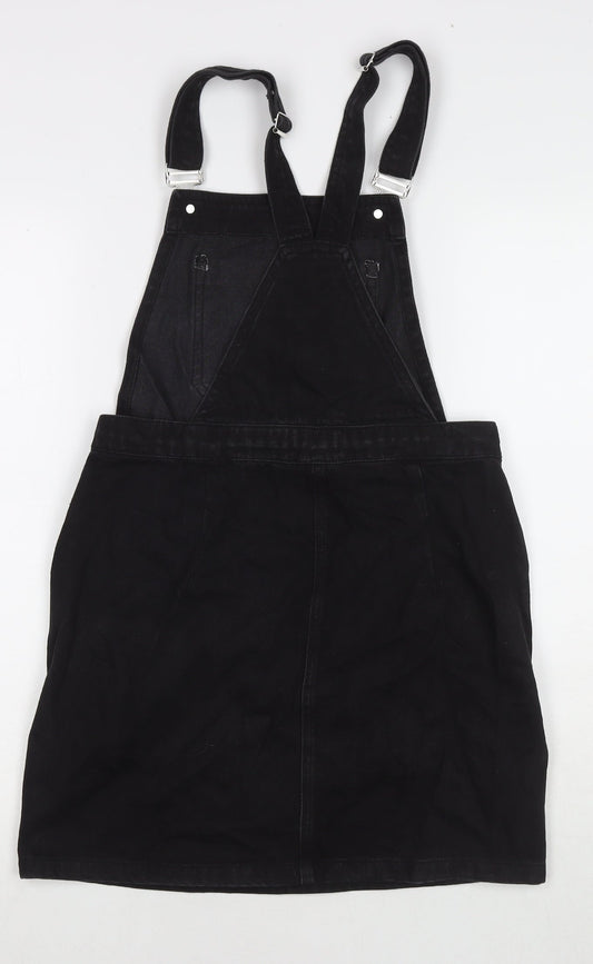 Papaya Womens Black Cotton Pinafore/Dungaree Dress Size 8 Square Neck Button