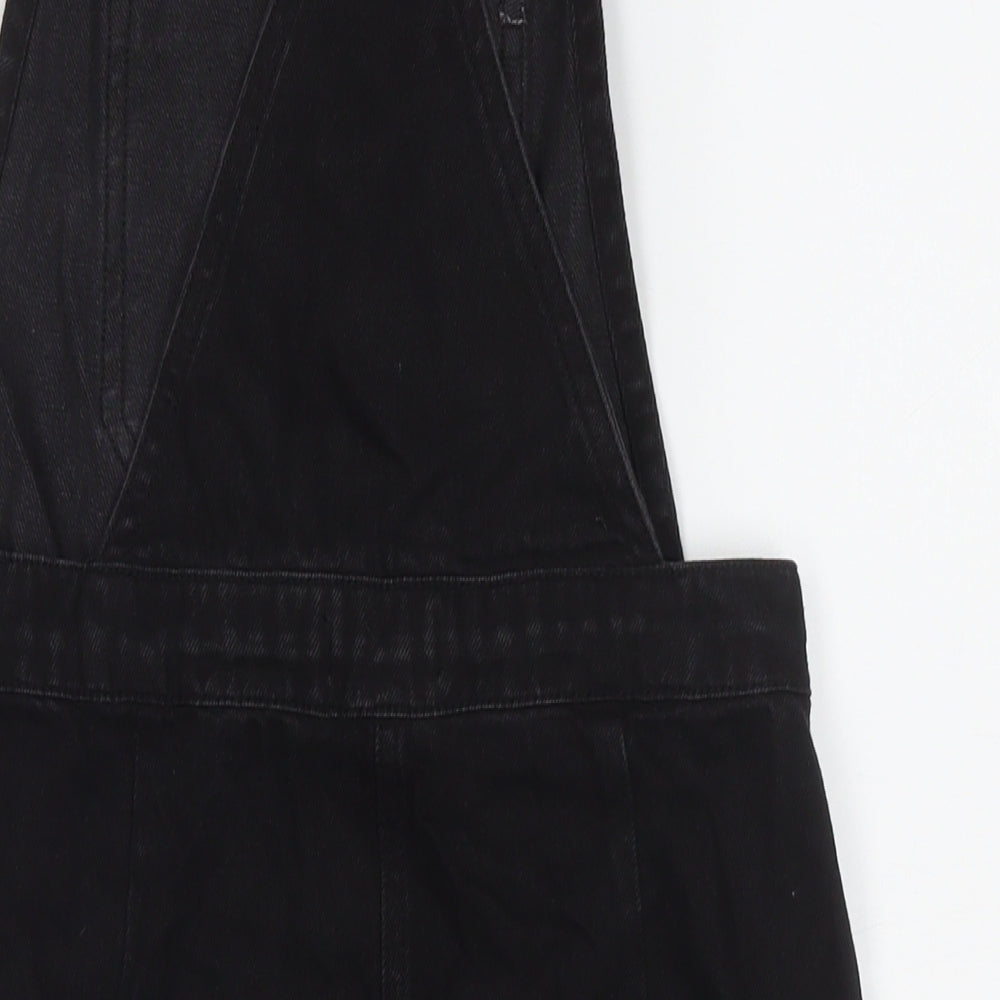 Brand and care label for Papaya women’s black cotton pinafore/dungaree dress, size UK 8, square neck button