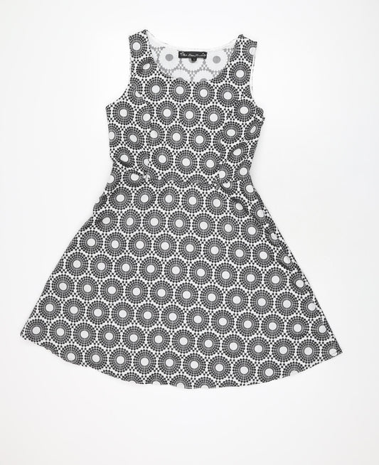 Mela Loves London Womens White Geometric Polyester Skater Dress Size 10 Round Neck Zip