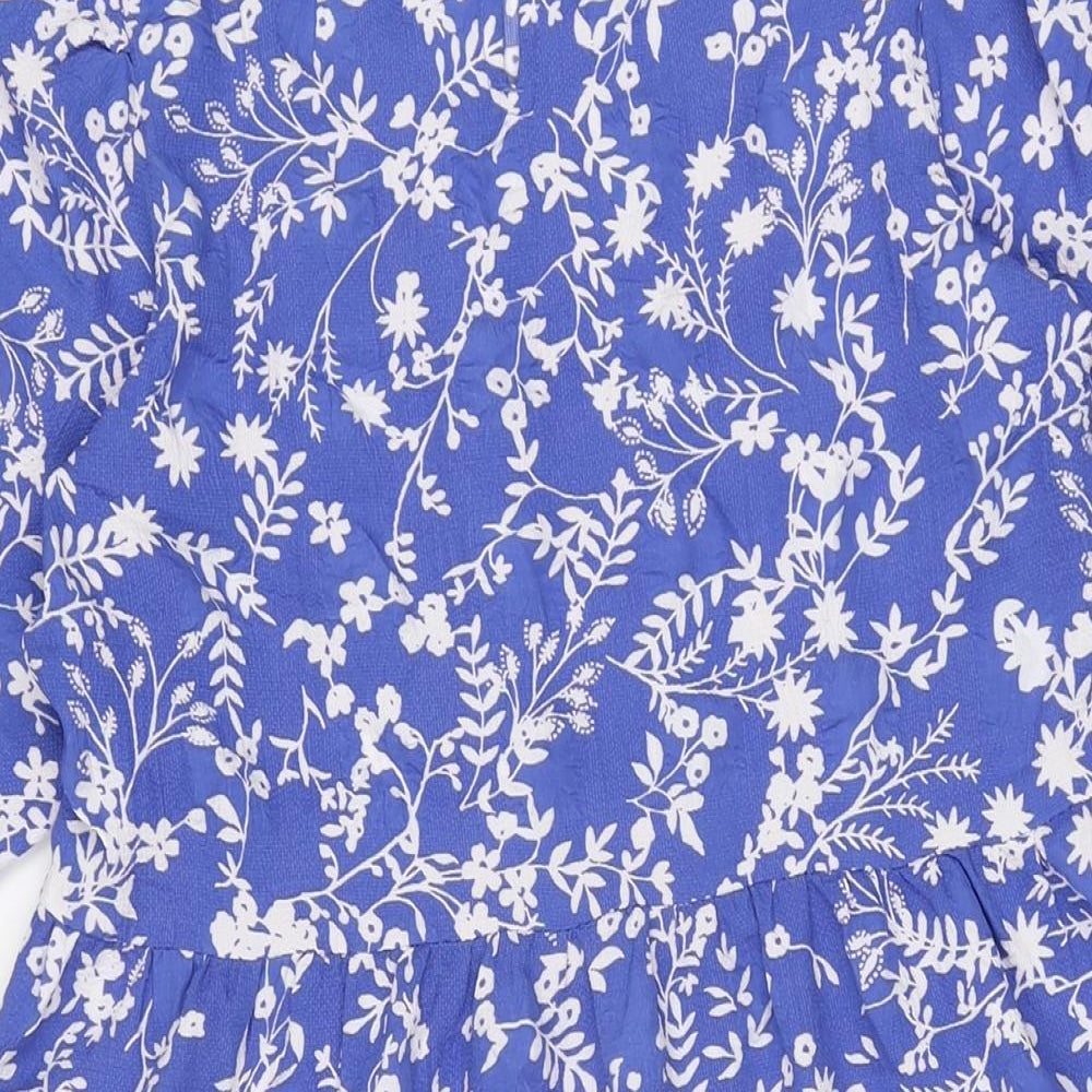 Marks and Spencer Womens Blue Floral Polyester A-Line Size 10 Round Neck Button