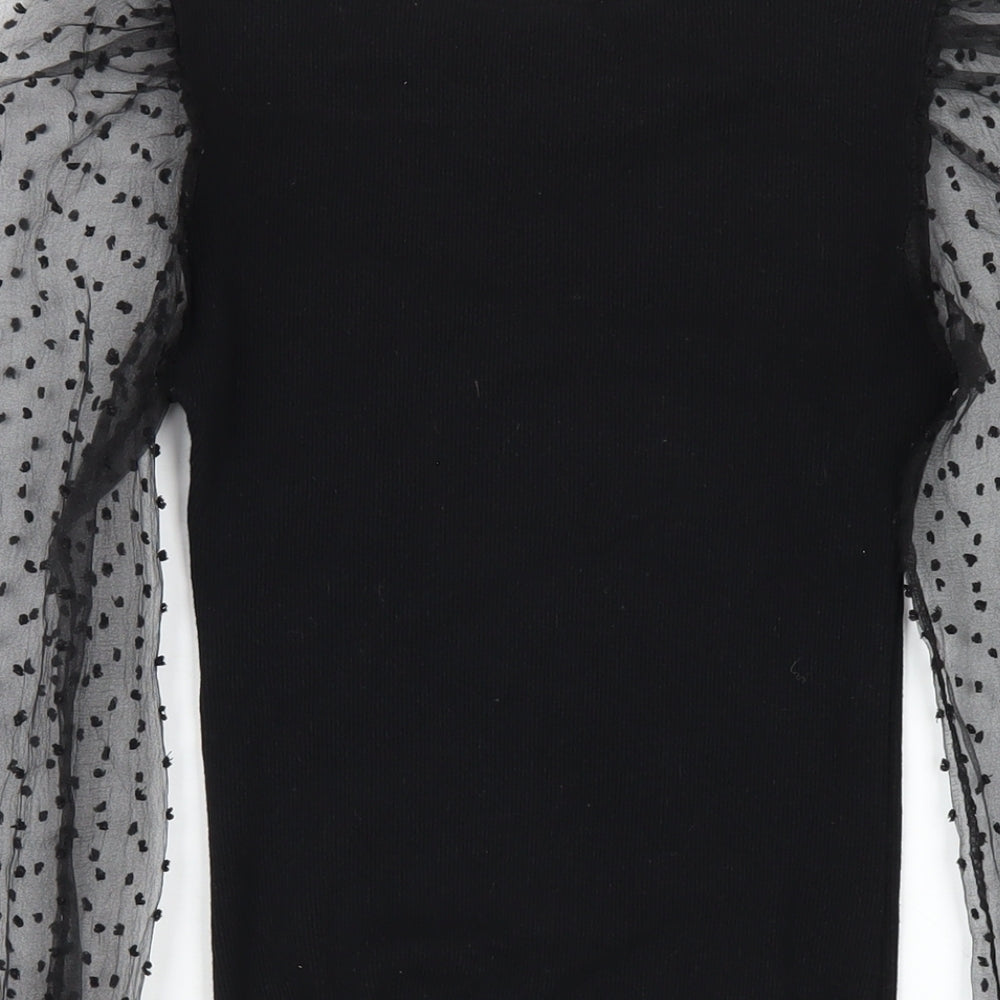 PRETTYLITTLETHING Womens Black Cotton Bodysuit One-Piece Size S Hook & Eye - Mesh Sleeves