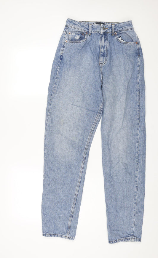 Additional front view of ASOS women’s blue cotton mom jeans, size UK 26, in, 32-inch leg regular zip