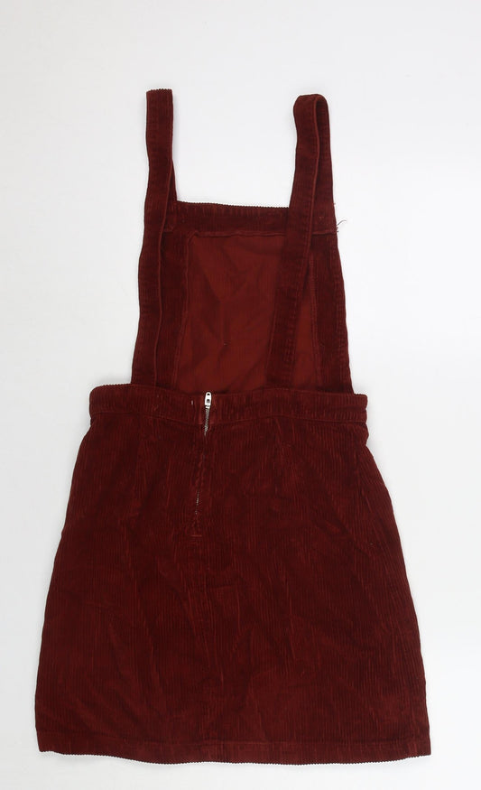 Topshop Womens Red Cotton Pinafore/Dungaree Dress Size 8 Square Neck Zip