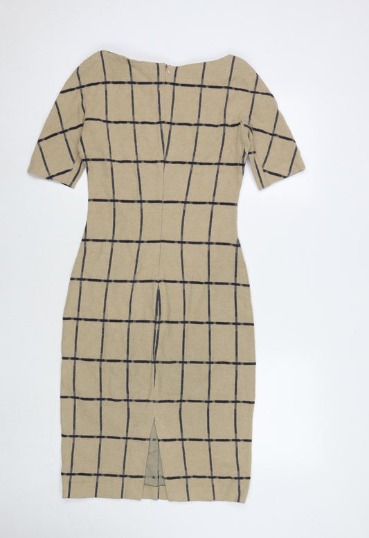 Zara Womens Brown Check Polyester Blend A-Line Size S Boat Neck Zip